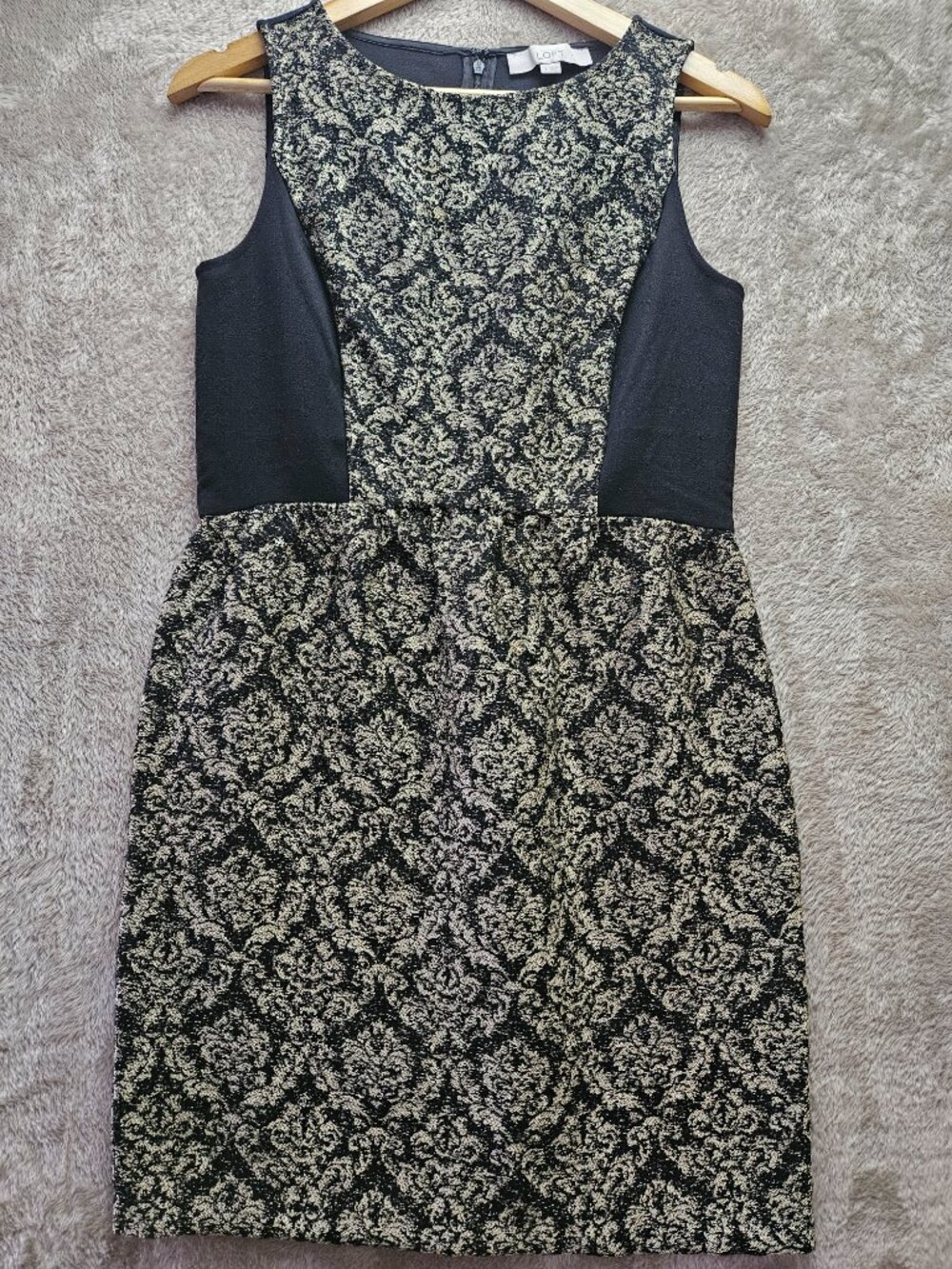 LOFT Sleeveless Sheath Dress Black Gold Damask Jacquard Pattern Women's Size 4 - Picture 1 of 7